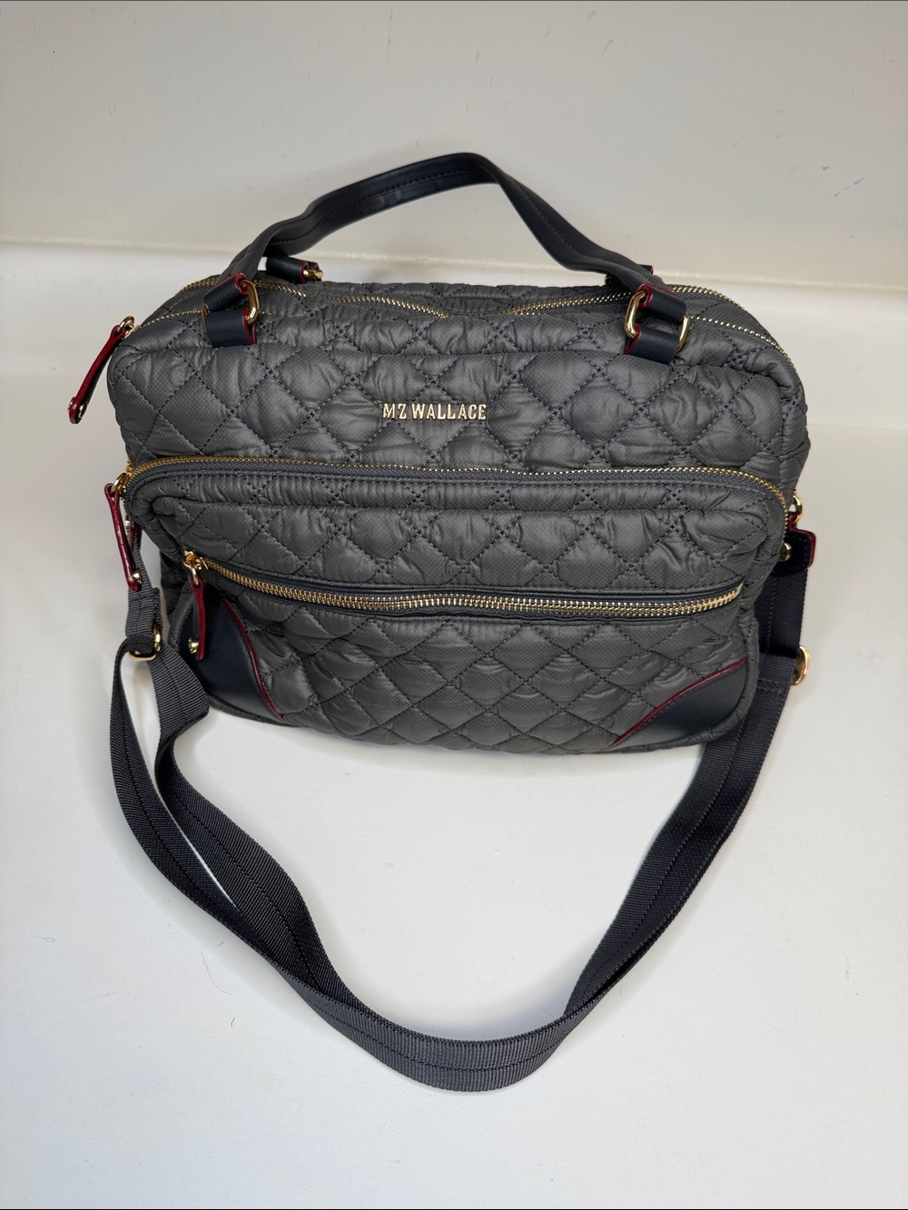 MZ Wallace Crosby Shoulder Bag with Crossbody Strap Gray Nylon with leather Trim